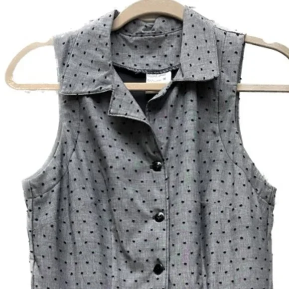 Vintage Dotted Dress with pockets & black pleated trim ~ Gray & Black - Picture 4 of 11